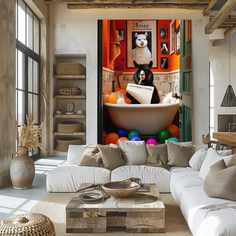 Print CANVAS with framed, Llama in the bathtub reading the newspaper and smoking a cigar,Rustic Bath Style - Image 4